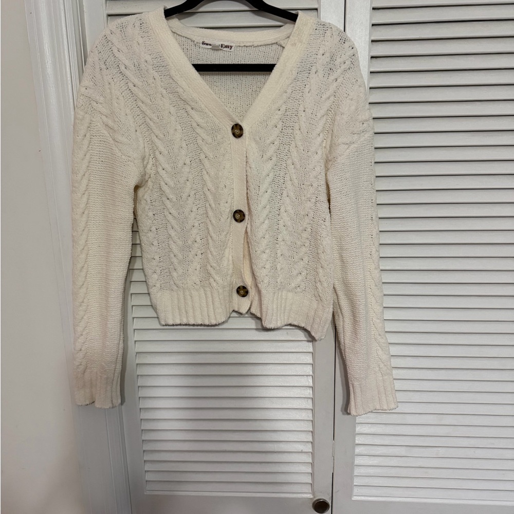 Cable Knit V-Neck Cardigan Sweater - Cream -